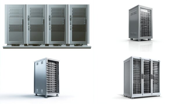 Server cabinets, displayed in various angles on white background, illustrating datacenter IT, for computing and data storage - Powered by Adobe