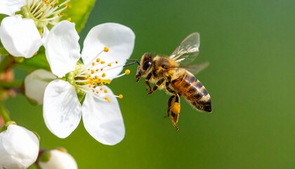 Fototapeta premium Abeja en vuelo hacia una flor blanca sobre fondo verde, en un día soleado.