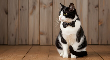 Black and White Cat Wearing Bow Tie Sitting on Wooden Floor in Rustic Background
