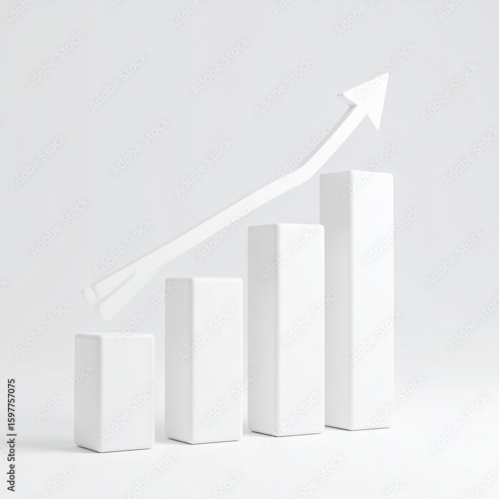 Poster white 3d bar graph with floating trend line showing business growth against clear background
