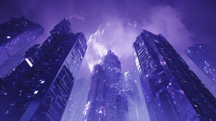 Purple Cityscape At Night With Fireworks