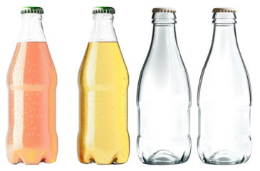 Fresh and vibrant soft drink bottles in orange and yellow colors, alongside two empty transparent bottles, create refreshing visual appeal.Isolated on transparent background
