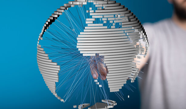 Abstract 3D globe with lines, network, connection, technology, digital, global, internet, communication, data, world, map, futuristic, innovation. - Powered by Adobe