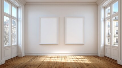 Fototapeta premium Empty room with two blank canvases