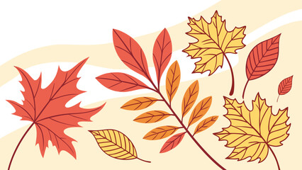 Obraz premium A vibrant collection of stylized autumn leaves in warm red orange and yellow hues set against a soft cream and beige background with gentle wavy lines
