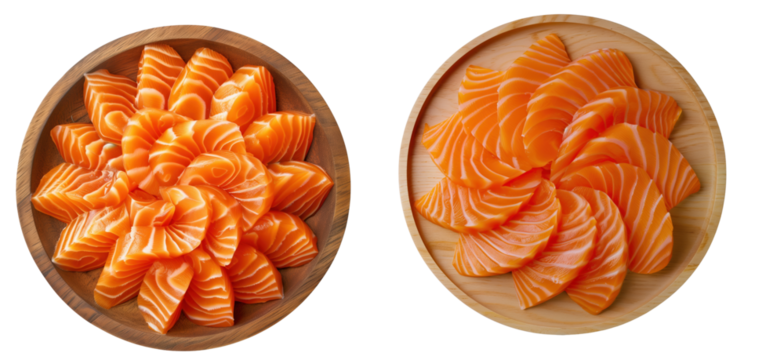 Fresh salmon slices arranged beautifully round wooden trays, showcasing vibrant orange colors and intricate patterns. This presentation evokes sense of culinaryIsolated on transparent background - Powered by Adobe