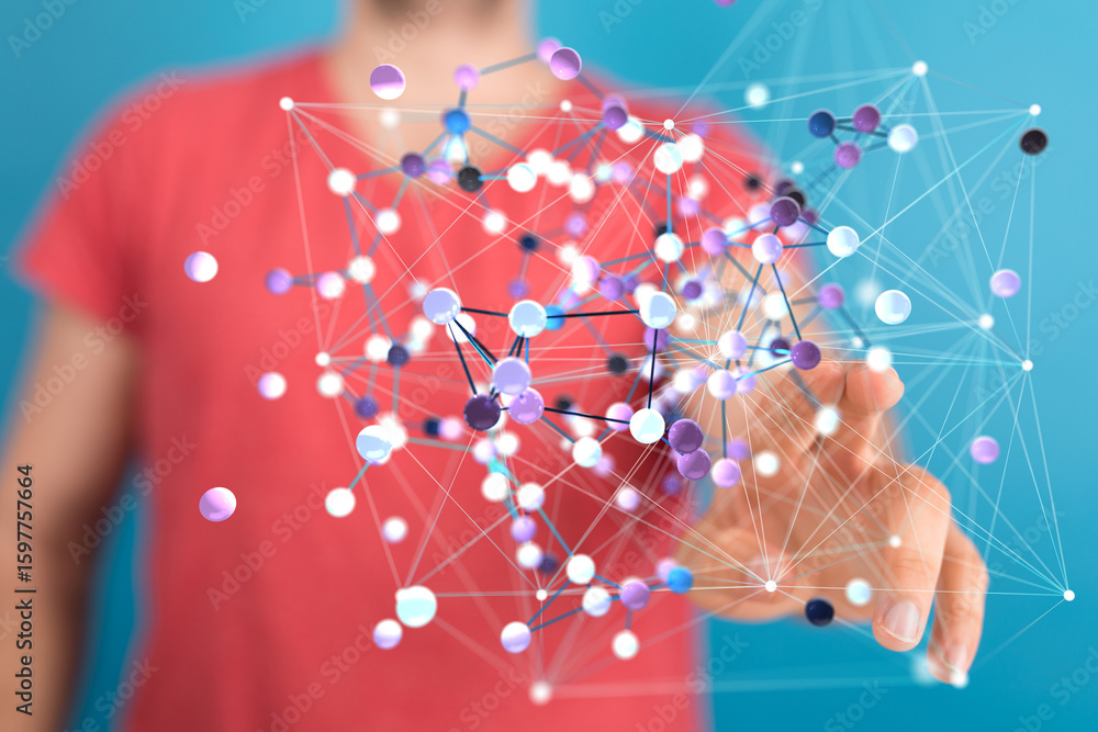 Poster abstract image of a person's hand interacting with a complex network visualization. perfect for tech