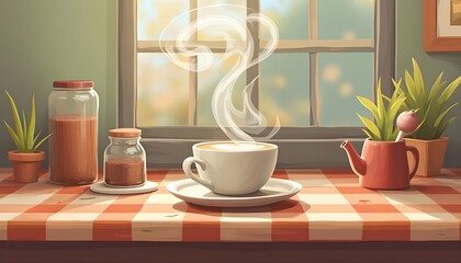Obraz premium Morning coffee steaming in a cozy kitchen with green plants and jars on a checkered table Generative AI