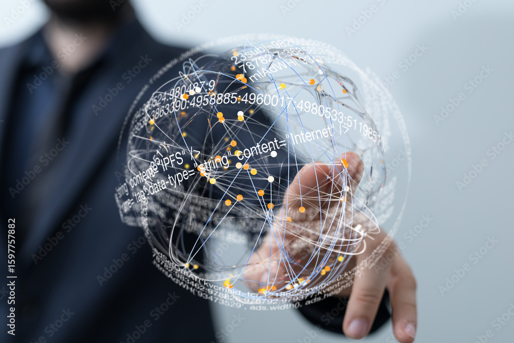 Poster abstract image of a person interacting with a digital globe showing data connections.
