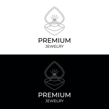 Diamond ring in heart box for wedding, jewelry, love, romantic branding in minimal line icon