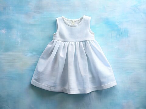 A white sleeveless dress with a blue textured background