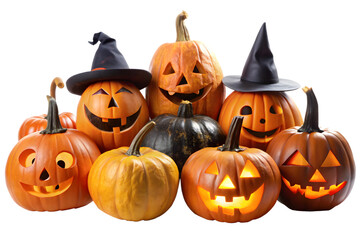 A group of carved halloween pumpkins with witch hats and glowing faces isolated on transparent background