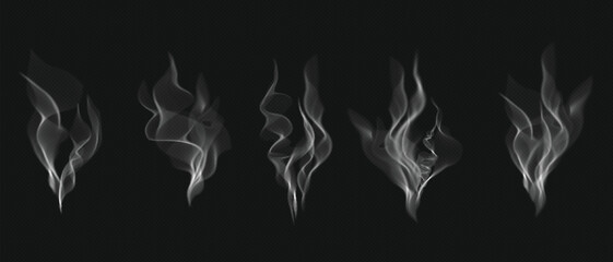 Vector wavy mist, hot meal steam, cigarette fume, haze, and genuine white fire smoke on a black background with a sky overlay effect.  Coffee, tea, or water 