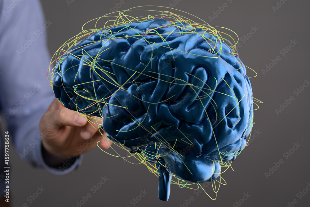 Poster 3d render of human brain with neural network connections. perfect for healthcare, technology, and ai