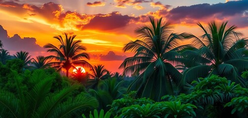 Vibrant sunset over lush tropical foliage, palm trees swaying gently,   graphic,  summer