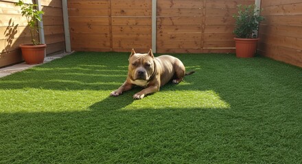 pocket bully pit | A relaxed pit bull dog lounging on vibrant artificial grass in a sunny backyard, surrounded by wooden fencing and potted plants, enjoying a peaceful afternoon