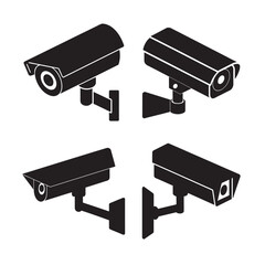 CCTV camera on pole silhouette set bundle on white background