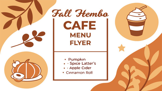 Fall cafe menu flyer with autumnal illustrations of pumpkin spice latte and cinnamon roll