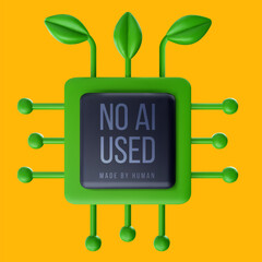 3d cartoon computer cpu chipset with green leaves and text inscription in realistic glossy style. Futuristic creative concept art for ecology smart technology. Bright vector illustration.