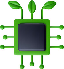 3d cartoon computer cpu chipset with green leaves in realistic glossy style. Futuristic creative concept art for ecology smart technology. Bright vector illustration.