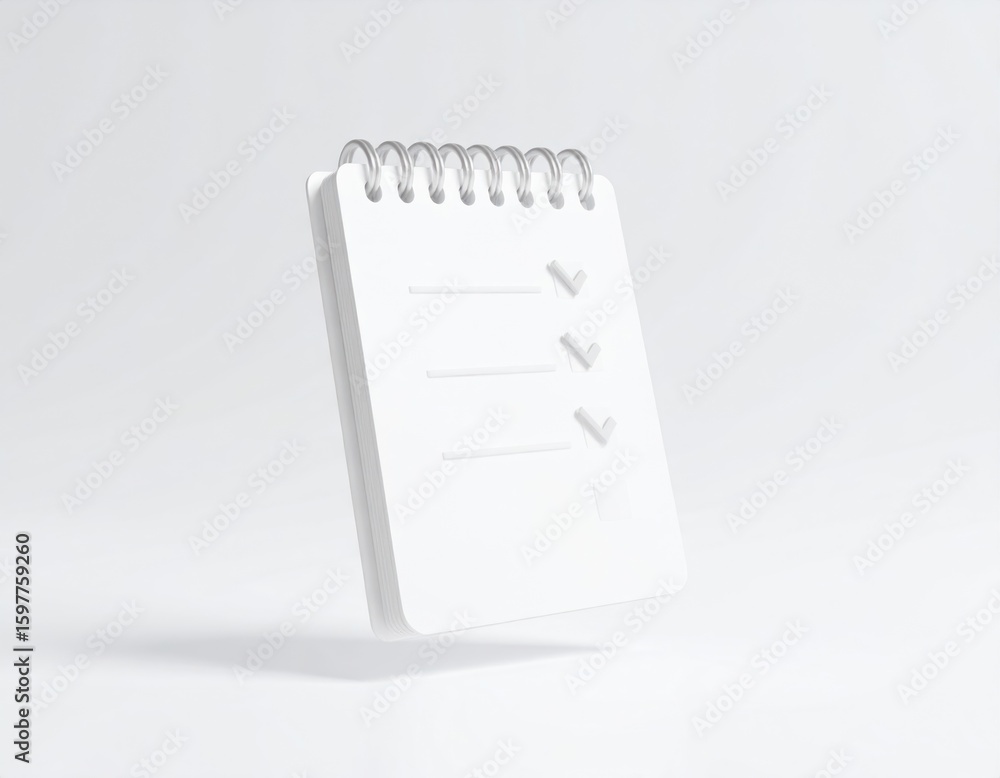 Poster white spiral notebook mockup with checklist icon floating on white background