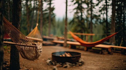 Two hammocks hang in a tranquil forest campsite.