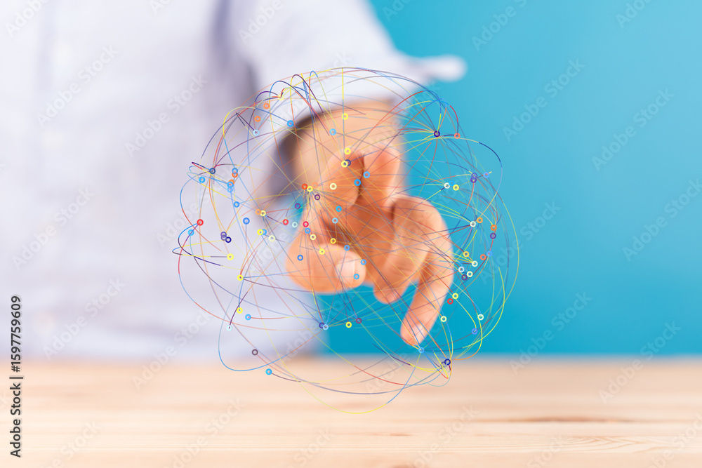 Poster hand interacting with a digital sphere representing global connections and networking.