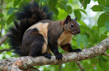 Obraz premium Indian giant squirrel, also known as Malabar giant squirrel, rests on tree branch. Colorful mammal exhibits striking brown, black, cream coat. Endemic species found in India rainforests, jungles.