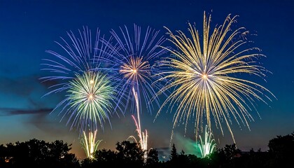 Subtle Fireworks Glow in Blue-Yellow-Green Tones Against Night Sky