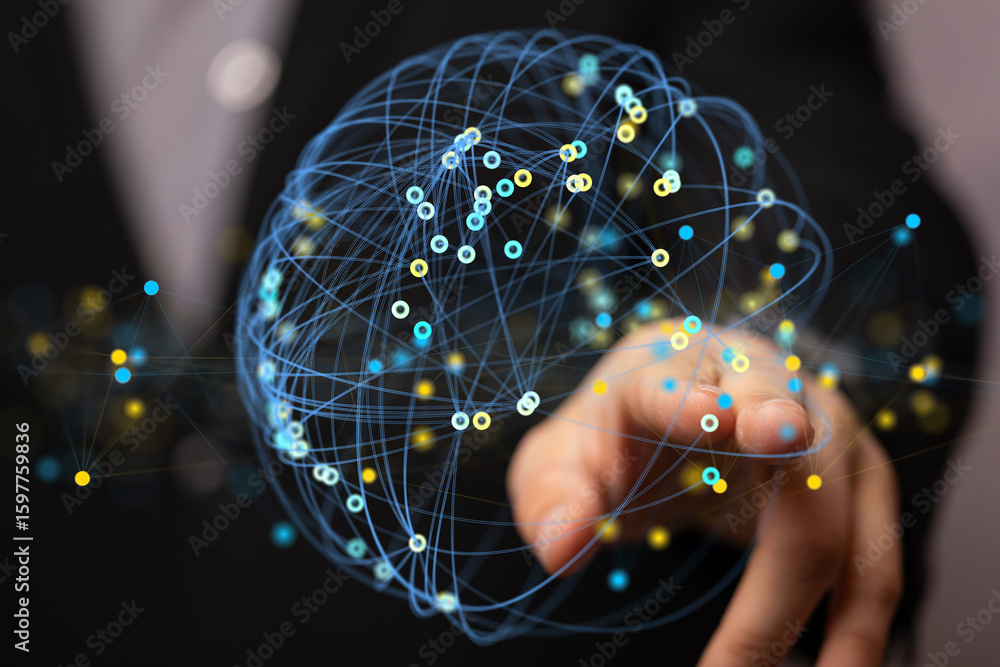 Poster hand interacting with a digital globe, symbolizing global networking and connectivity.