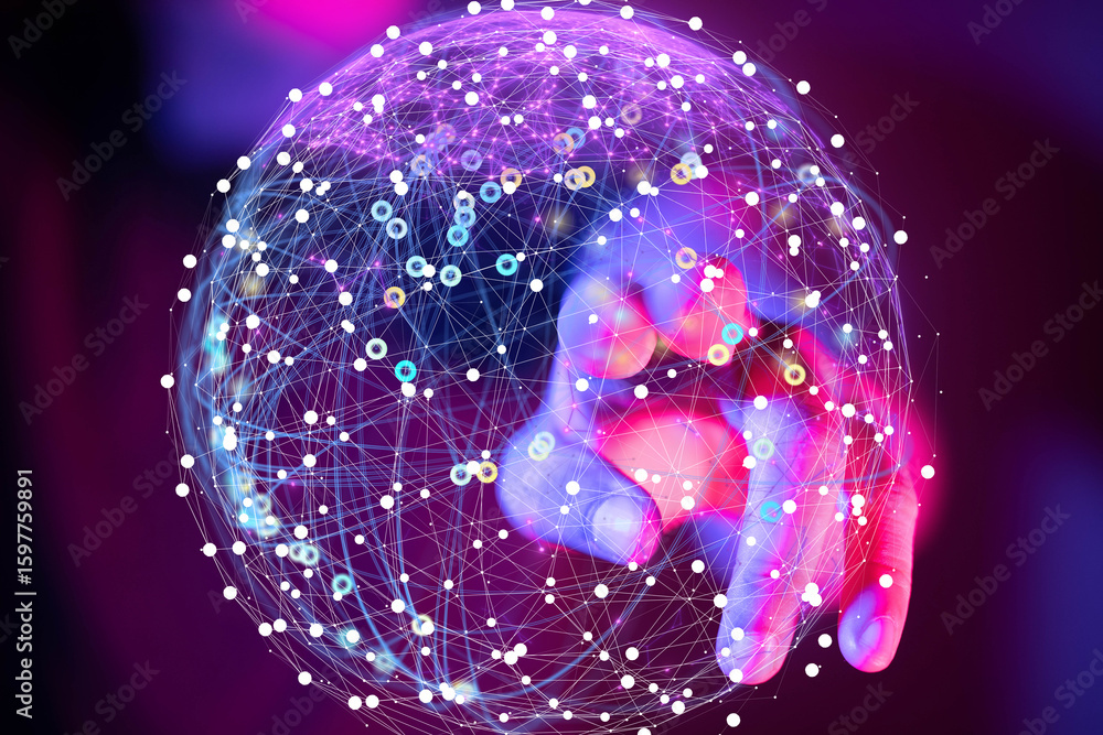 Poster abstract image of a hand interacting with a glowing digital network sphere. perfect for tech, data, 