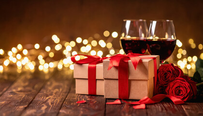 Elegant glass of wine next to a beautifully wrapped gift box perfect for a romantic surprise with copy space