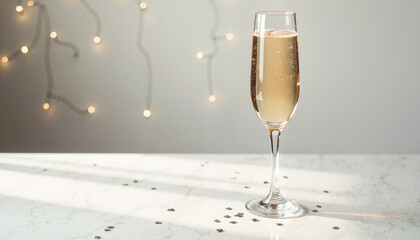 Champagne glass on marble table with festive lights in background