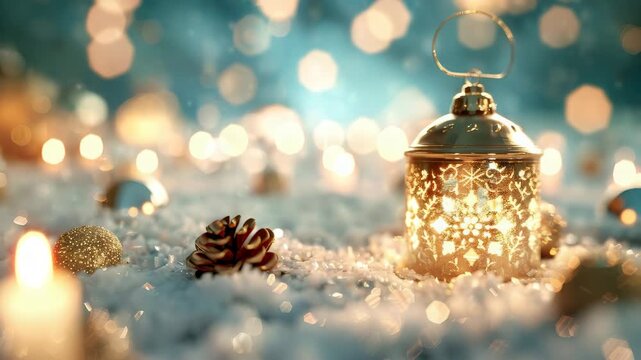 A beautifully designed Christmas ornament radiates warm light amidst a snowy backdrop. Pine cones and candles complement the festive ambiance, creating a joyful holiday scene.