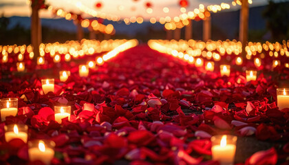 Romantic park scene with candles and flowers surrounded by lush greenery and space for personal messages