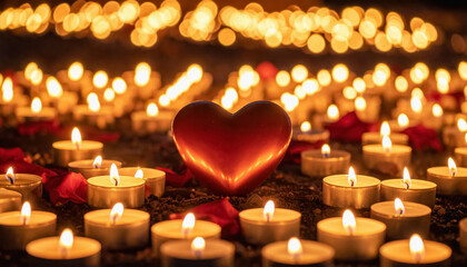 Heart shape surrounded by glowing candles creating a romantic atmosphere for celebrating eternal love