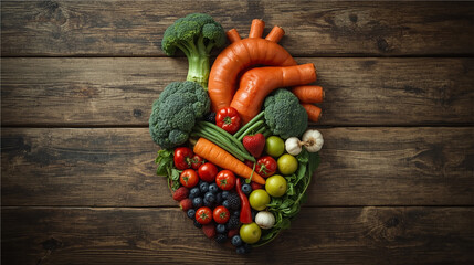 Artistic arrangement of vegetables and fruits in the shape of a human heart on wood background. 