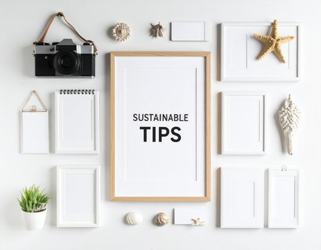 Workspace Flat Lay With Sustainable Tips In Frame With Camera And Decorative Elements On White Background - Powered by Adobe