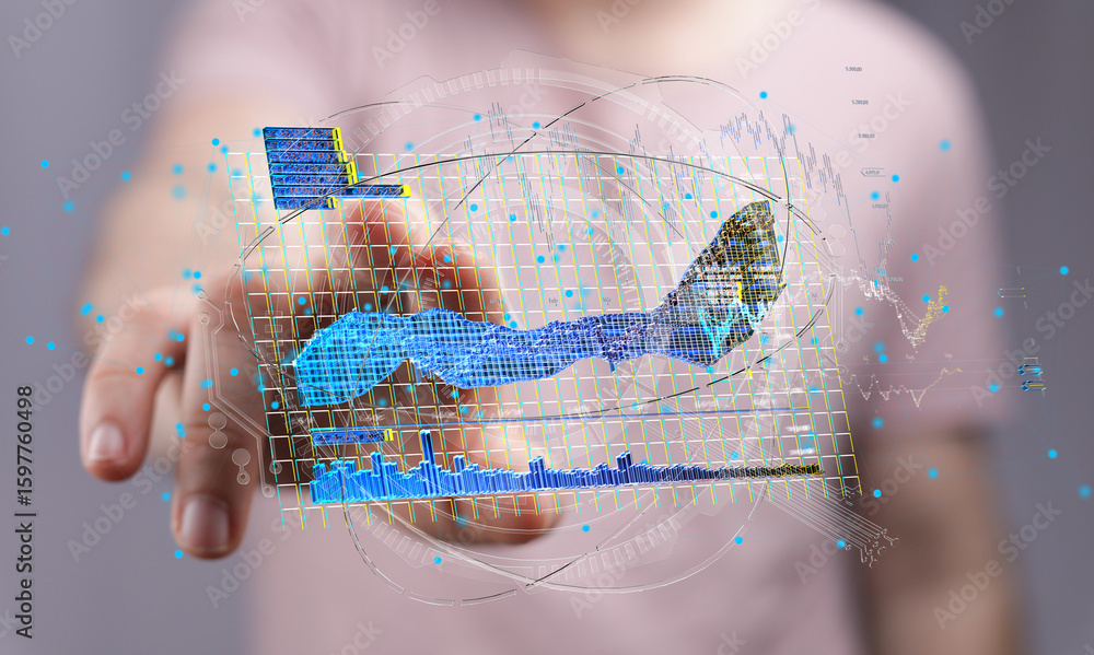 Poster hand interacting with a 3d holographic display showing charts and graphs for business data analysis.