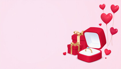 A beautifully wrapped red box containing a perfect for a marriage proposal set against a neutral background