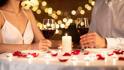 A happy romantic couple holding glasses of wine together in a beautiful setting celebrating their love and togetherness