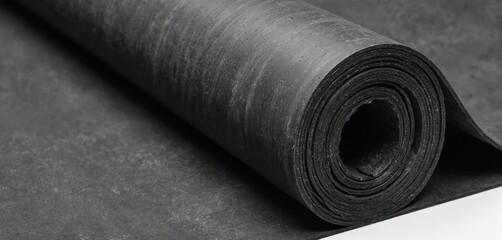 Roll of black rubber sheet material, ideal for industrial, commercial applications. Hard-wearing, flexible sheeting offers excellent protection, insulation. Textured surface provides grip, durability