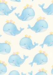 Fototapeta premium Whimsical blue whales pattern.