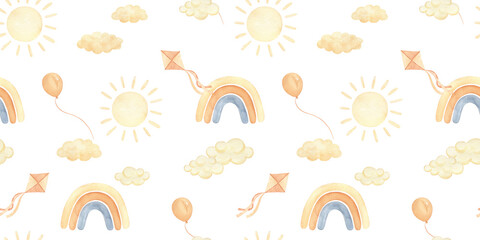 Neutral seamless pattern with abstract rainbow , kite and clouds watercolor illustration for kids and baby nursery print on white background, pastel colors