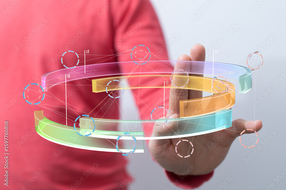 Poster person interacting with colorful 3d data visualization, technology concept.