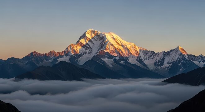 Snowcapped mountain peak at sunrise