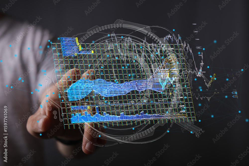 Poster stock photo of a person interacting with a 3d data visualization, showing charts and graphs for busi
