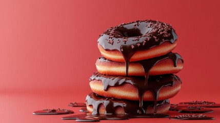 Chocolate glazed donut with colorful sprinkles floating on white background, no shadows, isolated cut-out