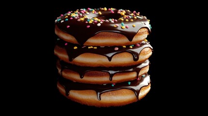 Chocolate glazed donut with colorful sprinkles floating on white background, no shadows, isolated cut-out