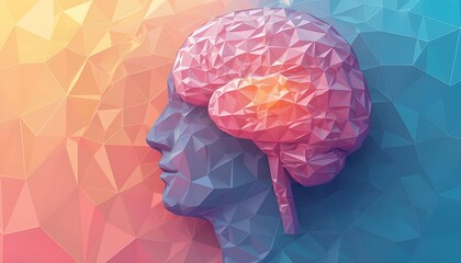 Modern digital artwork showcases a geometric representation of a human head and brain against a vibrant, abstract background, emphasizing creativity and intellect Generative AI